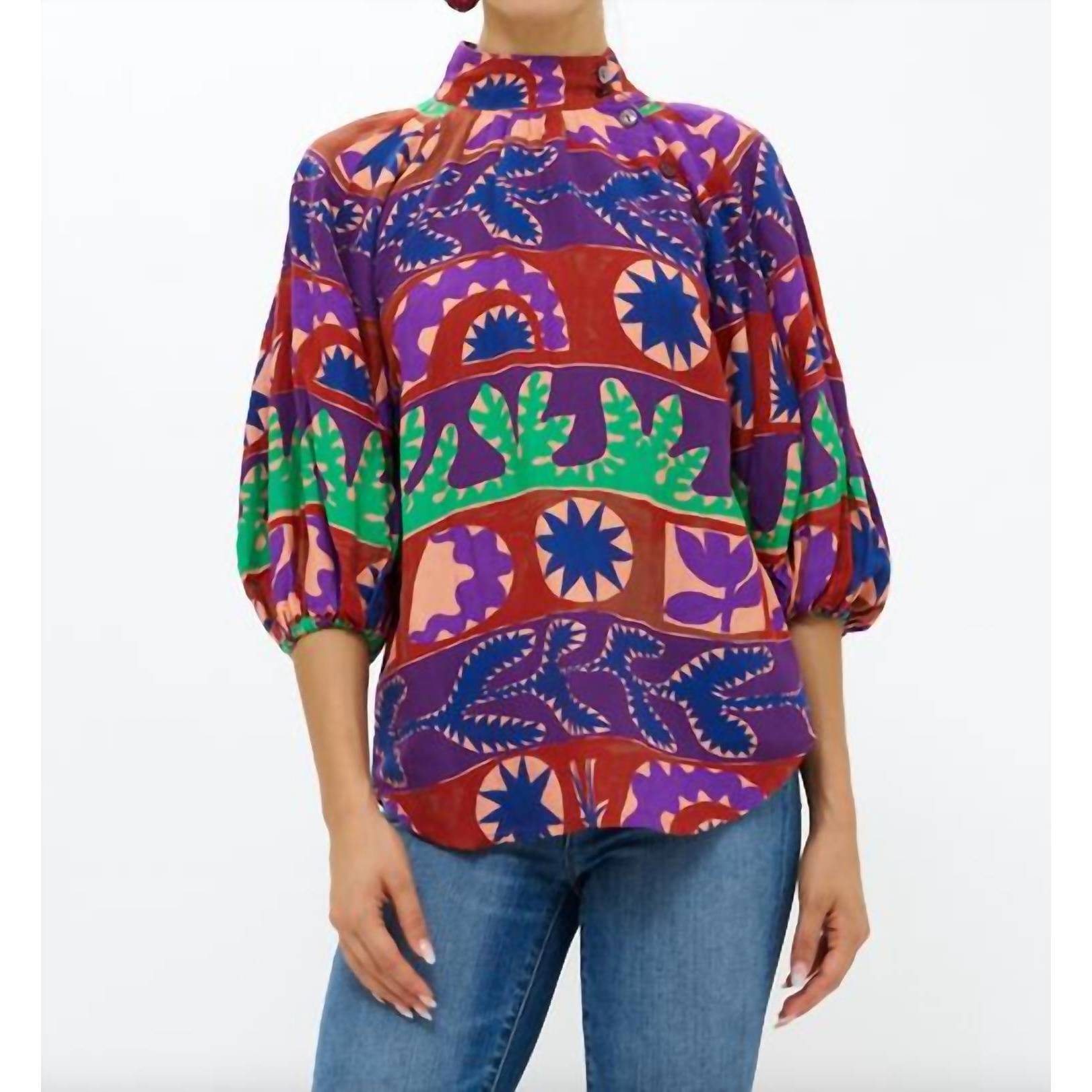 New Oliphant Button Neck Blouse In Canyon Purple